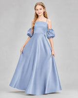 Dusty Blue Satin A-line Junior Bridesmaid Dress Front View