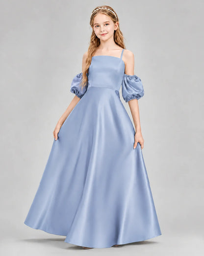 Dusty Blue Satin A-line Junior Bridesmaid Dress Front View