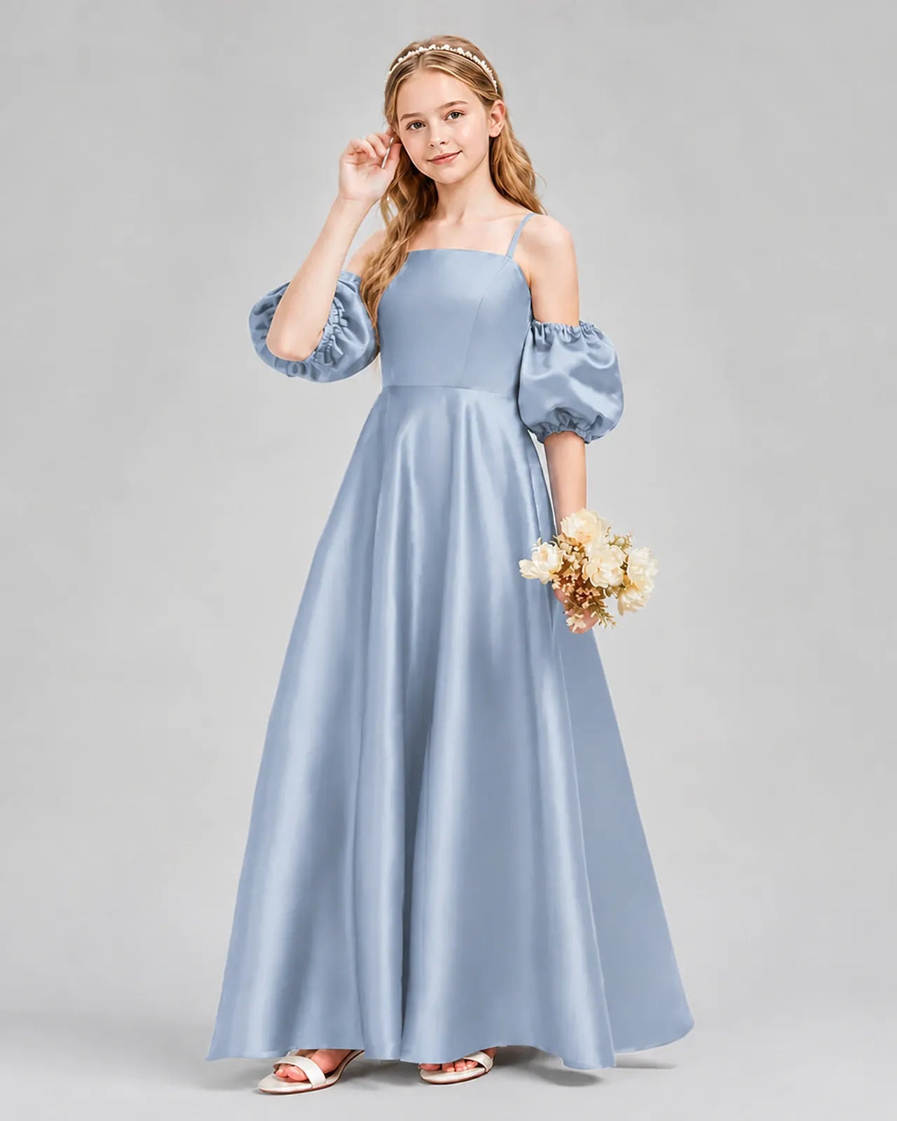 Dusty Blue Satin A-line Junior Bridesmaid Dress Front View