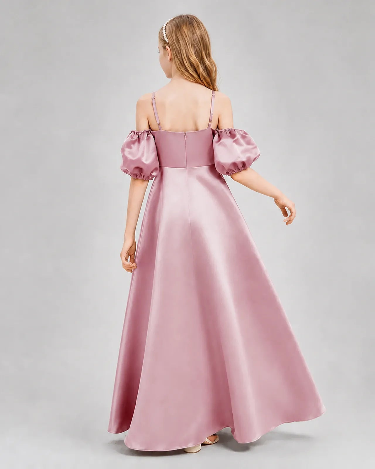 Dusty Rose Satin A-line Junior Bridesmaid Dress Back View