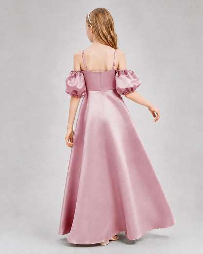 Dusty Rose Satin A-line Junior Bridesmaid Dress Back View