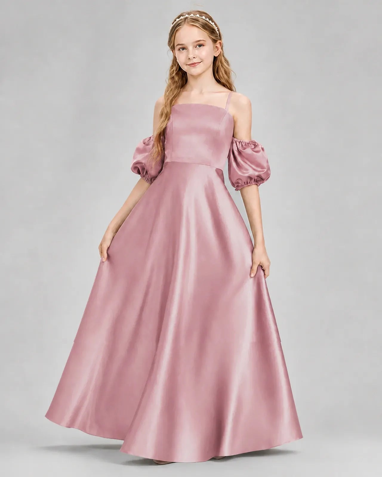 Dusty Rose Satin A-line Junior Bridesmaid Dress Front View