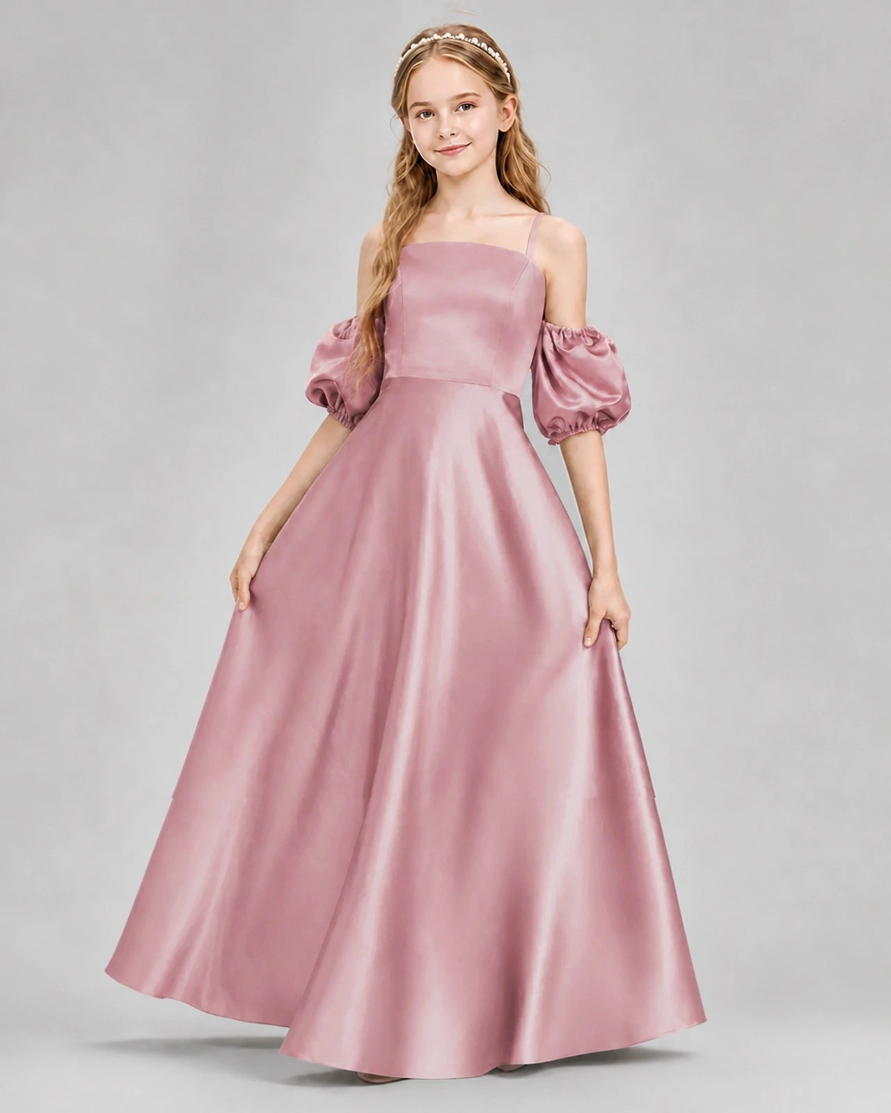 Dideyttawl Junior Bridesmaid Dress with Puff Sleeves and A-Line Satin Skirt