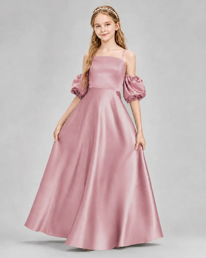 Dusty Rose Satin A-line Junior Bridesmaid Dress Front View