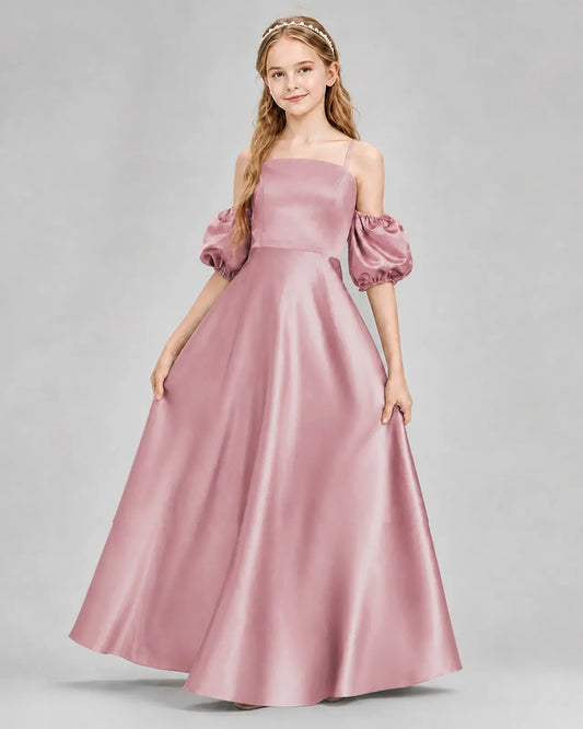 Dusty Rose Satin A-line Junior Bridesmaid Dress Front View