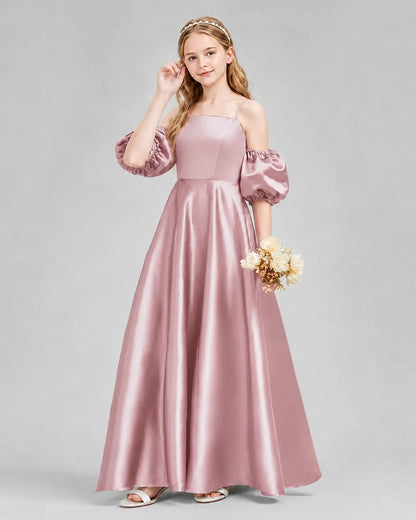 Dusty Rose Satin A-line Junior Bridesmaid Dress Front View