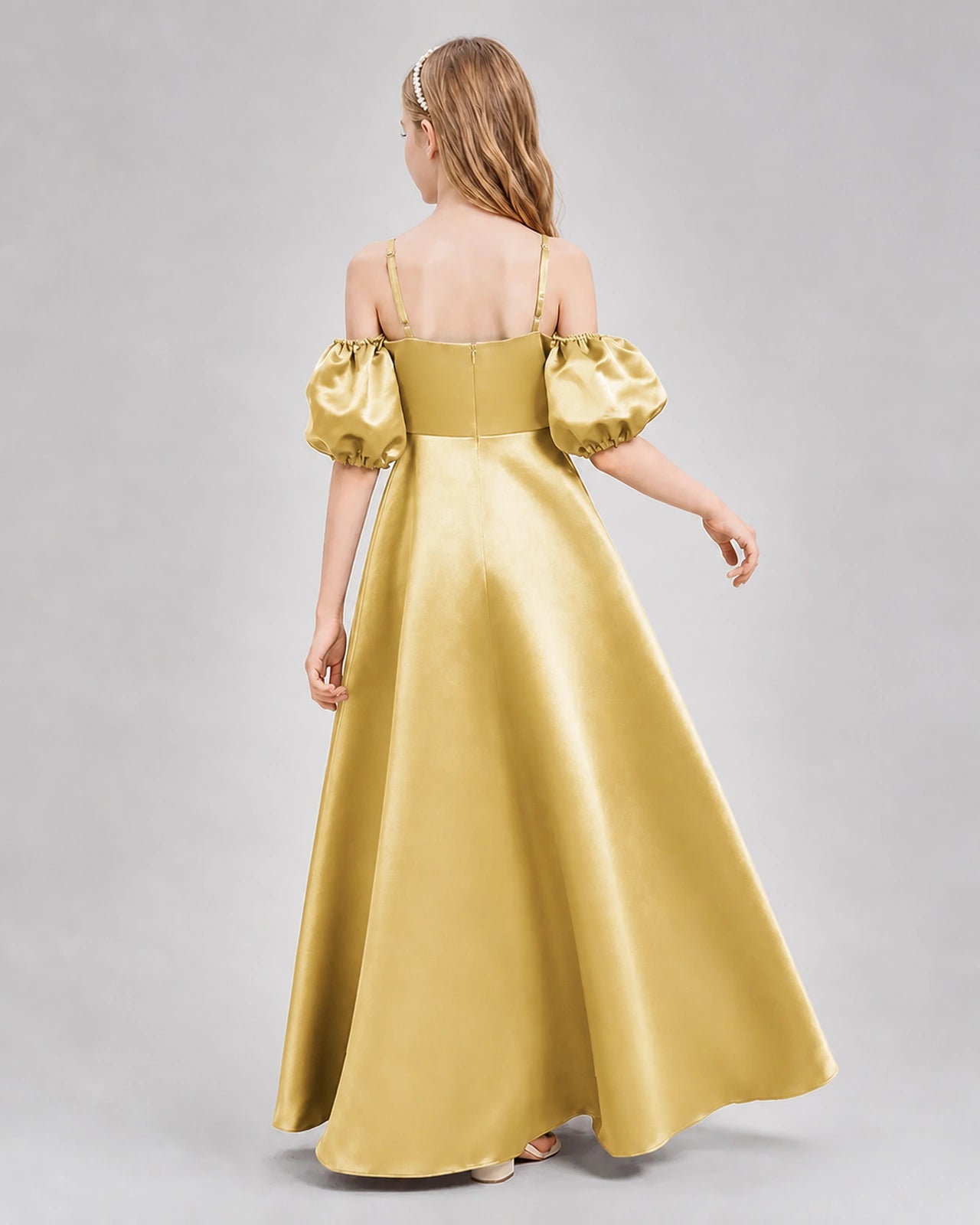 Dideyttawl Junior Bridesmaid Dress with Puff Sleeves and A-Line Satin Skirt