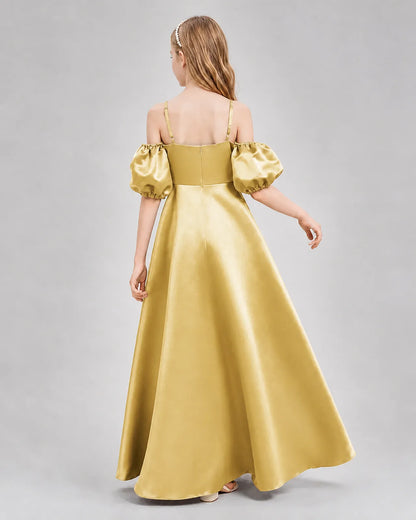 Gold Satin A-line Junior Bridesmaid Dress Back View