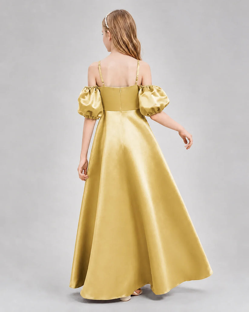 Gold Satin A-line Junior Bridesmaid Dress Back View