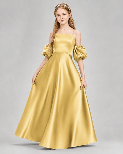 Gold Satin A-line Junior Bridesmaid Dress Front View