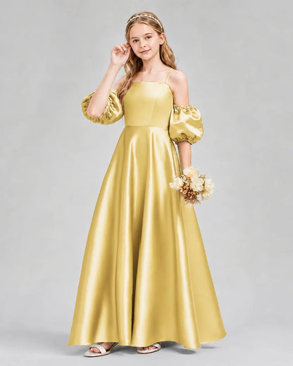 Gold Satin A-line Junior Bridesmaid Dress Front View
