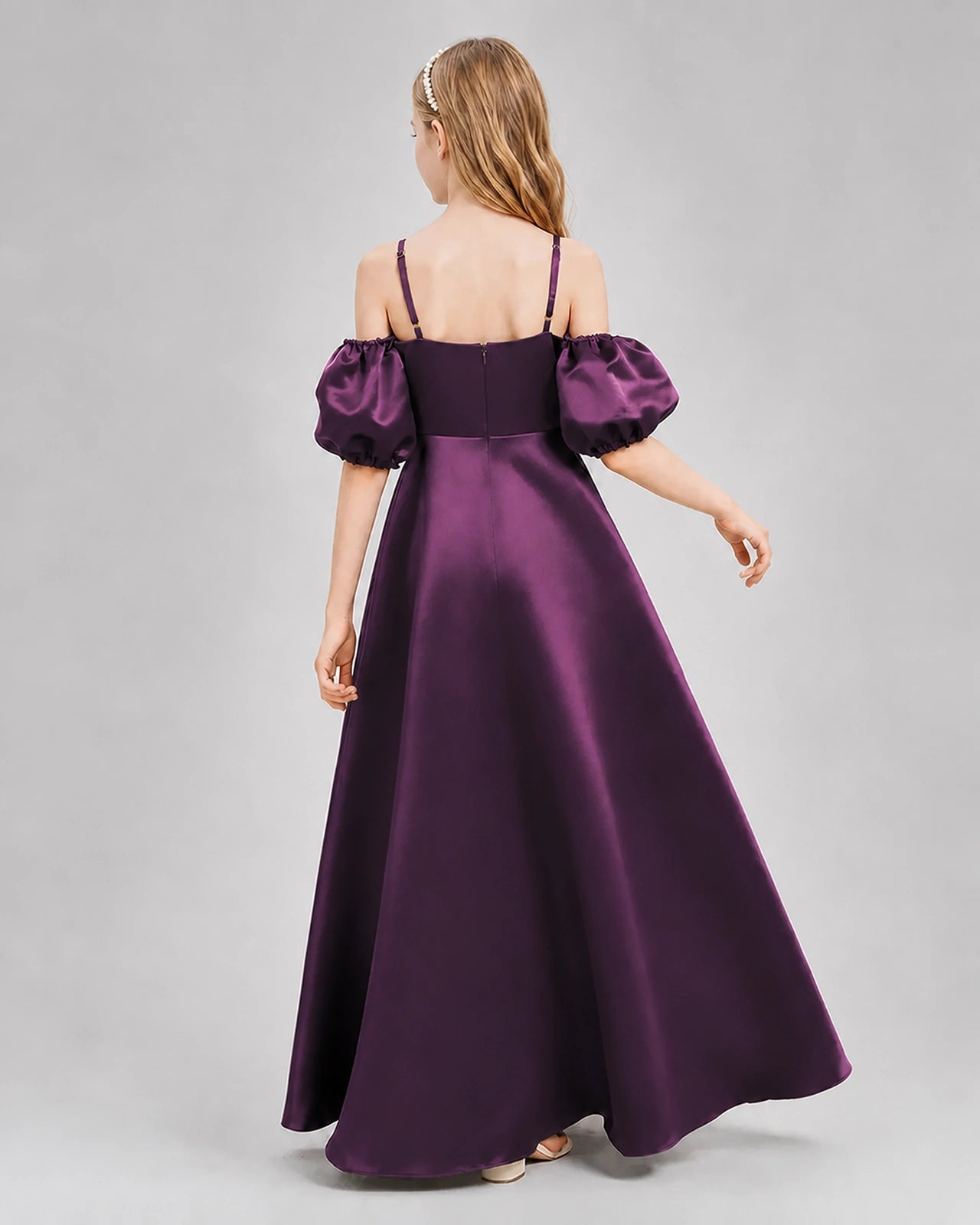Dideyttawl Junior Bridesmaid Dress with Puff Sleeves and A-Line Satin Skirt