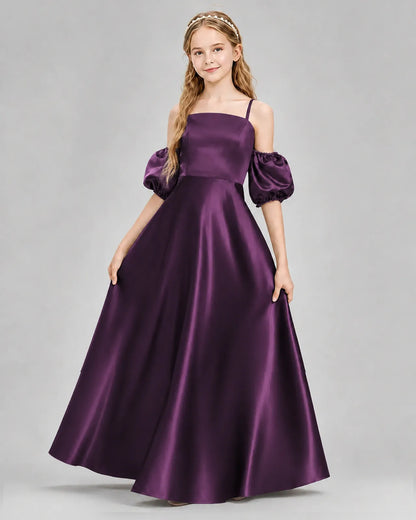 Grape Satin A-line Junior Bridesmaid Dress Front View