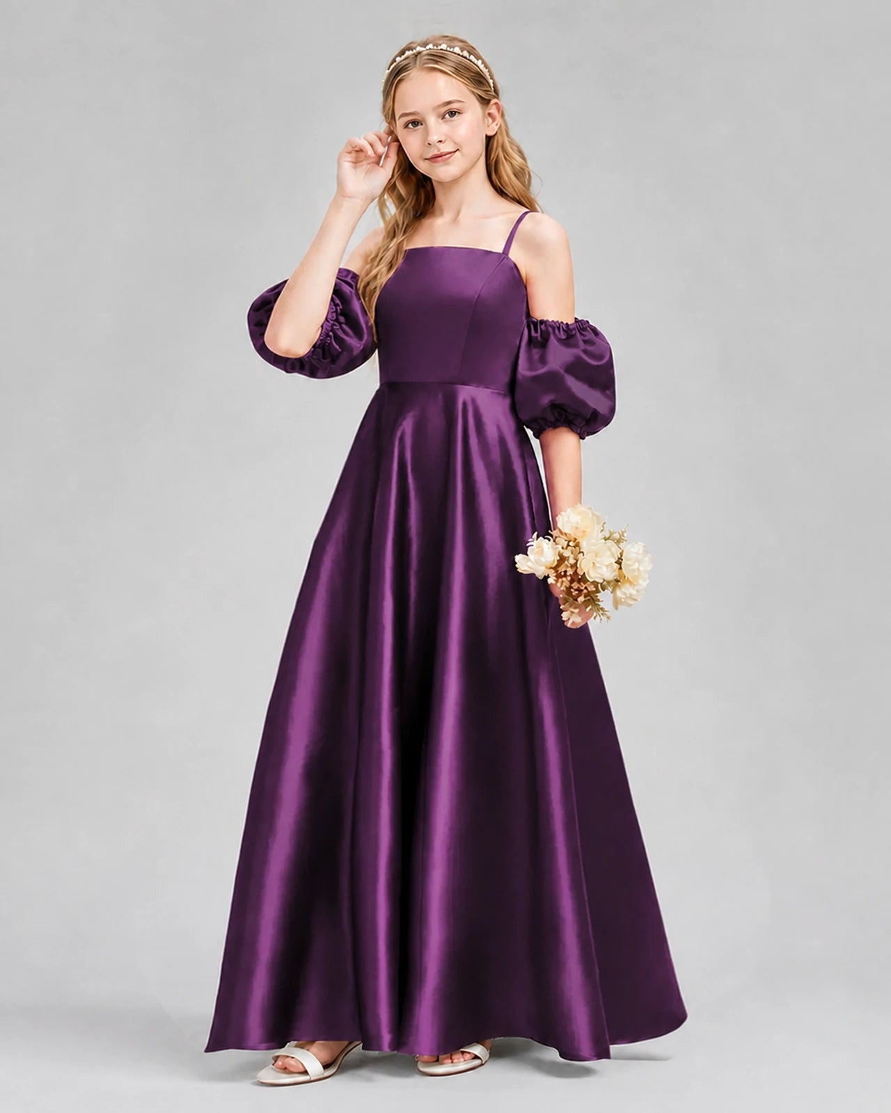 Dideyttawl Junior Bridesmaid Dress with Puff Sleeves and A-Line Satin Skirt