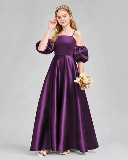Grape Satin A-line Junior Bridesmaid Dress Front View