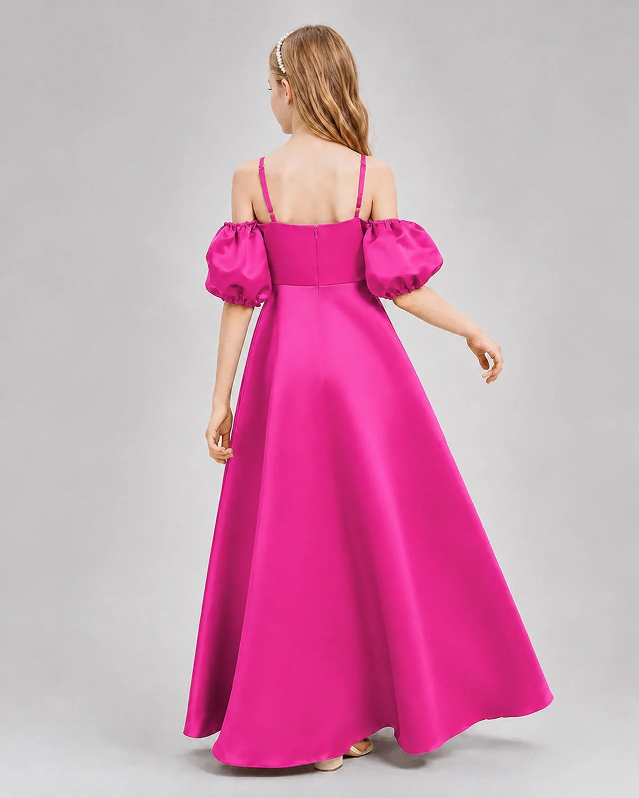 Dideyttawl Junior Bridesmaid Dress with Puff Sleeves and A-Line Satin Skirt