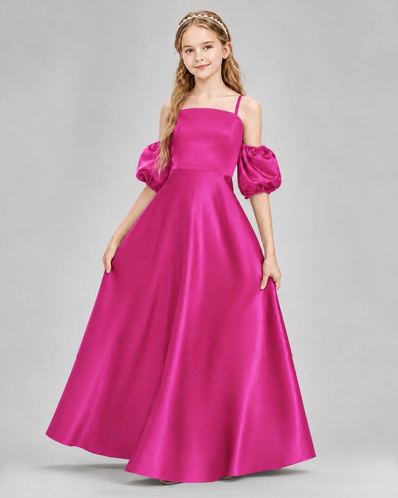 Dideyttawl Junior Bridesmaid Dress with Puff Sleeves and A-Line Satin Skirt