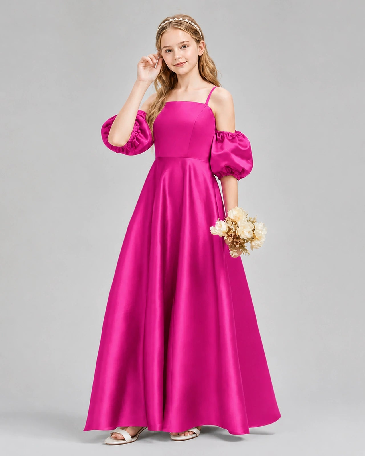 Dideyttawl Junior Bridesmaid Dress with Puff Sleeves and A-Line Satin Skirt