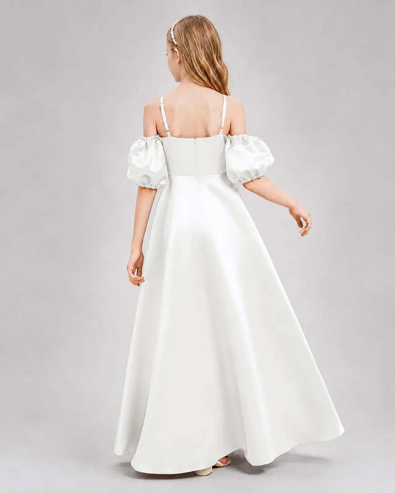 Ivory Satin A-line Junior Bridesmaid Dress Back View