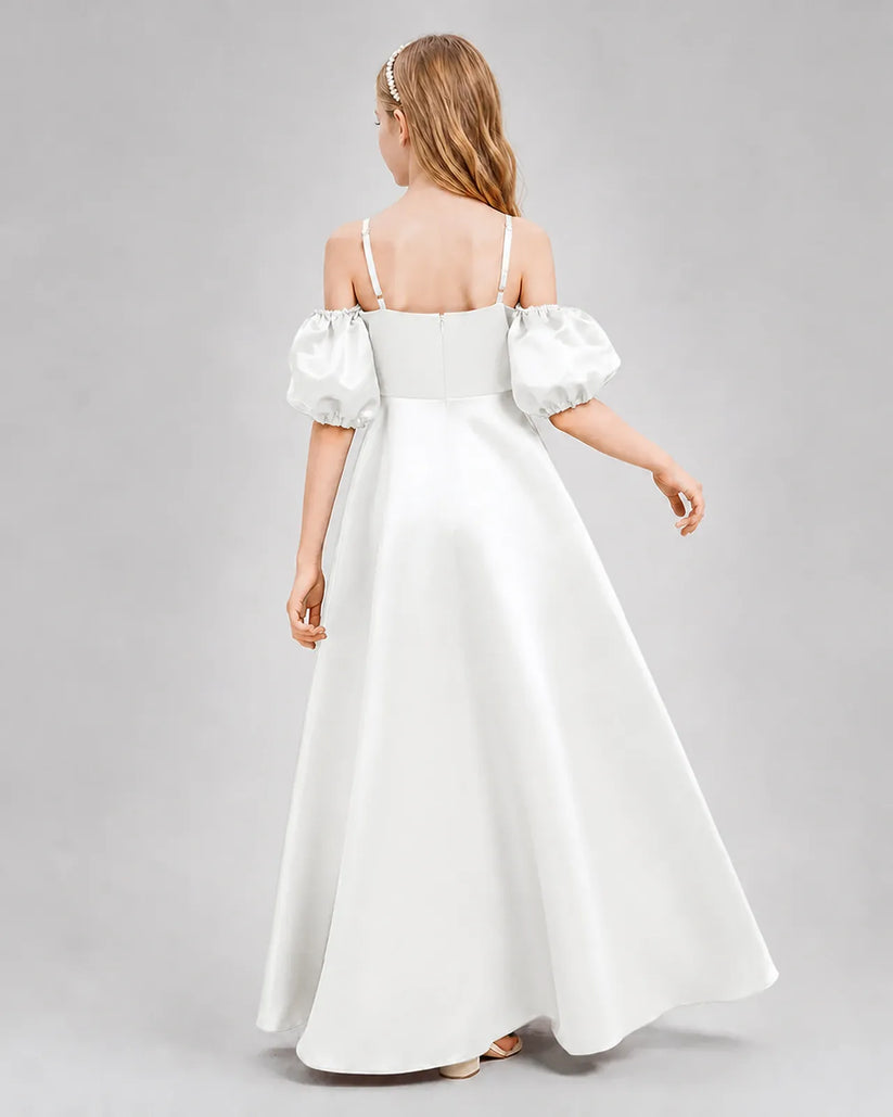 Ivory Satin A-line Junior Bridesmaid Dress Back View