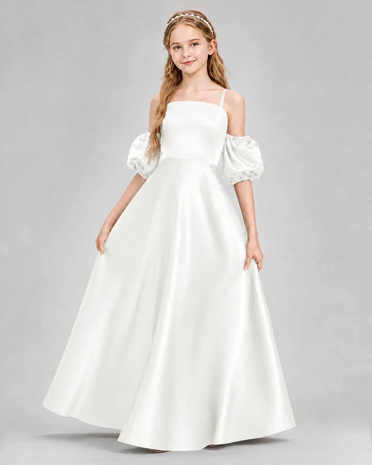 Ivory Satin A-line Junior Bridesmaid Dress Front View