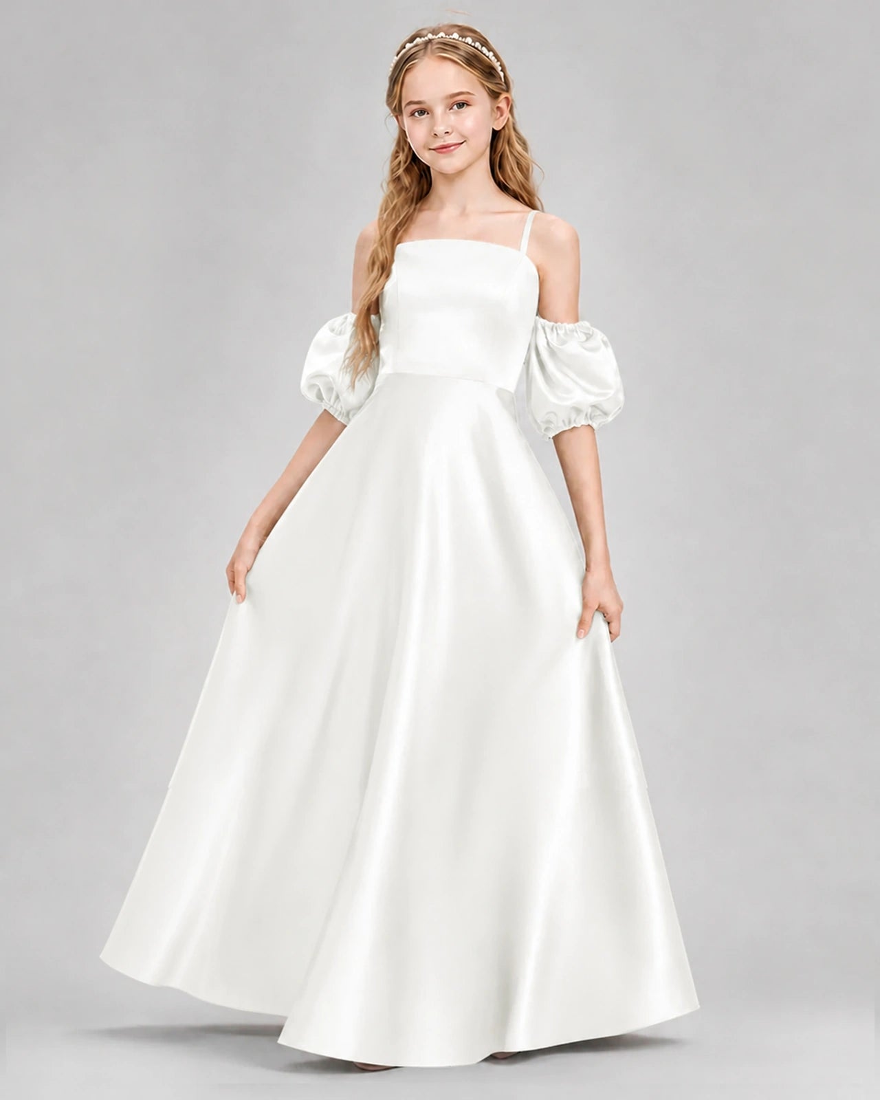 Dideyttawl Junior Bridesmaid Dress with Puff Sleeves and A-Line Satin Skirt