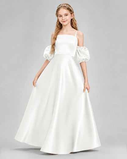 Ivory Satin A-line Junior Bridesmaid Dress Front View