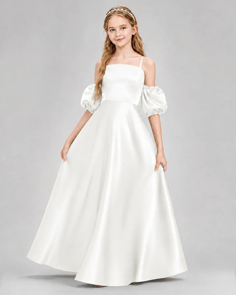 Ivory Satin A-line Junior Bridesmaid Dress Front View