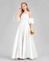 Ivory Satin A-line Junior Bridesmaid Dress Front View