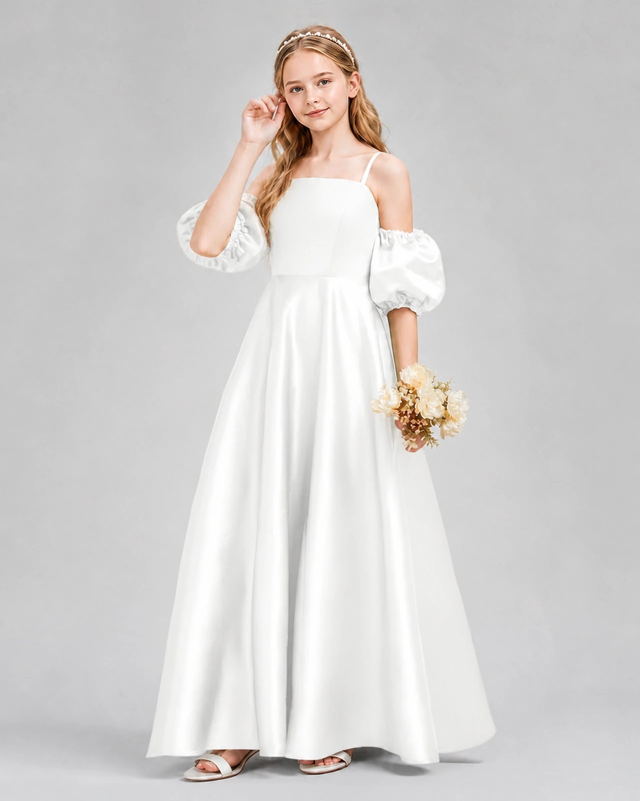 Dideyttawl Junior Bridesmaid Dress with Puff Sleeves and A-Line Satin Skirt