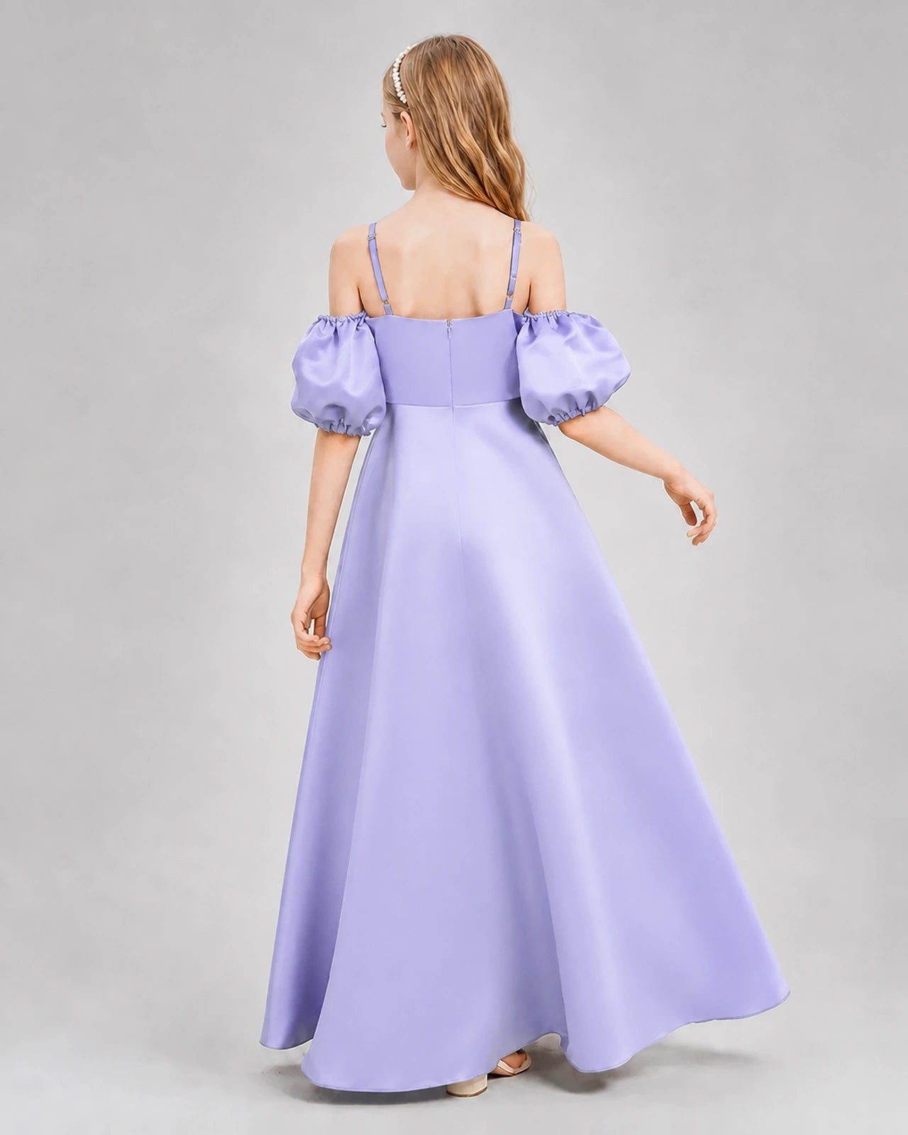 Dideyttawl Junior Bridesmaid Dress with Puff Sleeves and A-Line Satin Skirt