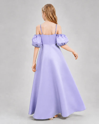Lavender Satin A-line Junior Bridesmaid Dress Back View