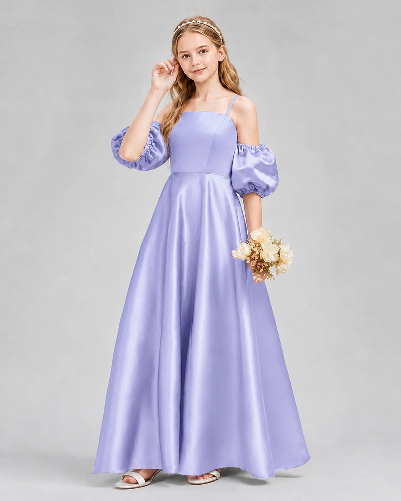 Dideyttawl Junior Bridesmaid Dress with Puff Sleeves and A-Line Satin Skirt
