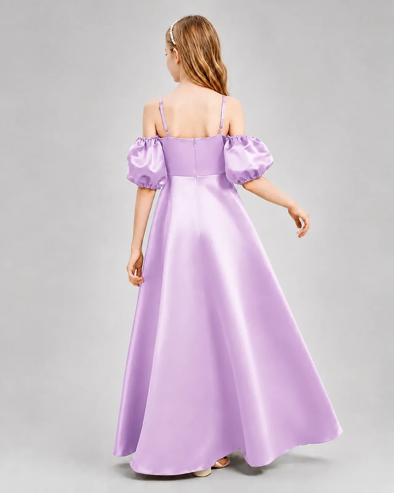 Lilac Satin A-line Junior Bridesmaid Dress Back View