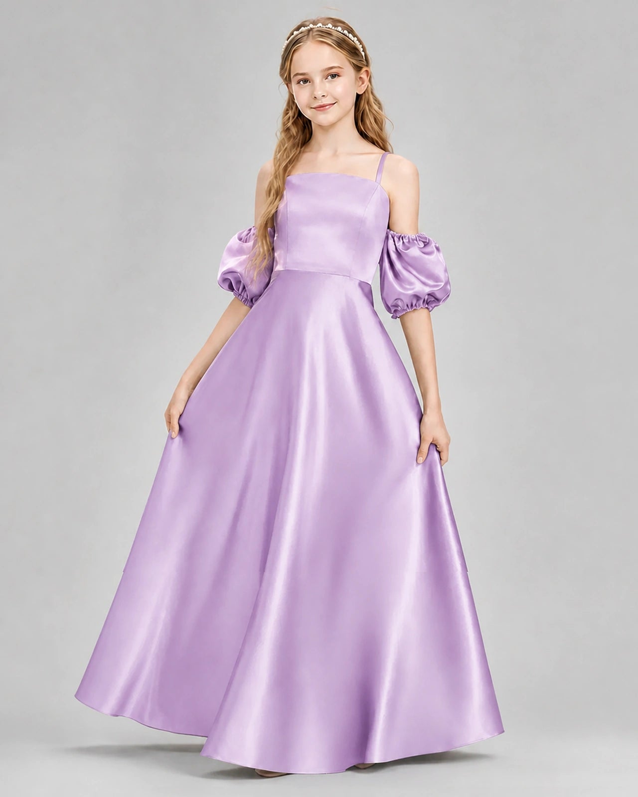 Dideyttawl Junior Bridesmaid Dress with Puff Sleeves and A-Line Satin Skirt