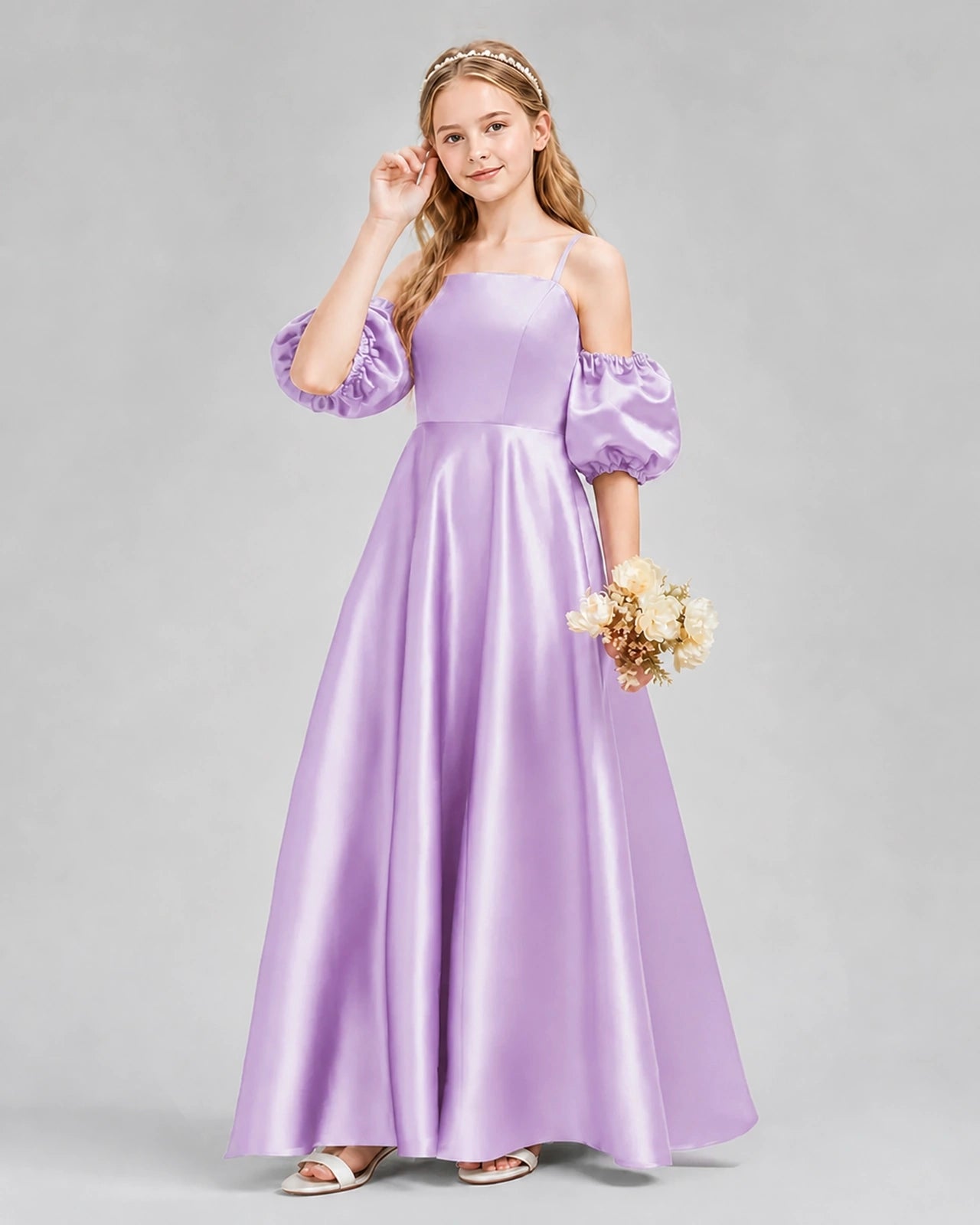 Dideyttawl Junior Bridesmaid Dress with Puff Sleeves and A-Line Satin Skirt