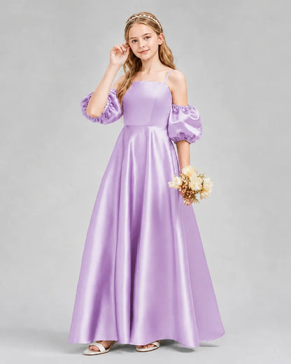Lilac Satin A-line Junior Bridesmaid Dress Front View