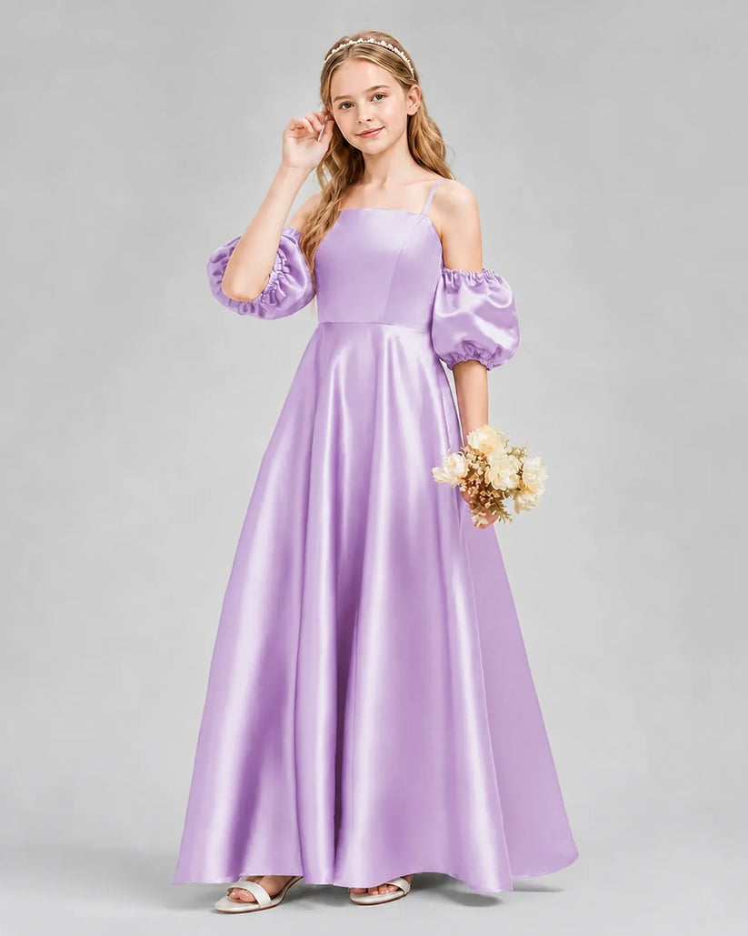 Lilac Satin A-line Junior Bridesmaid Dress Front View