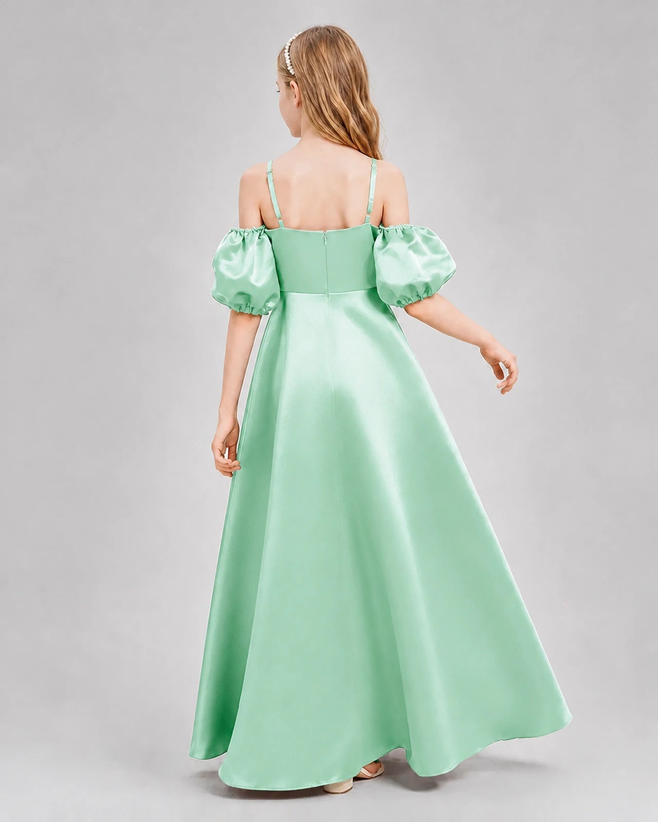 Dideyttawl Junior Bridesmaid Dress with Puff Sleeves and A-Line Satin Skirt