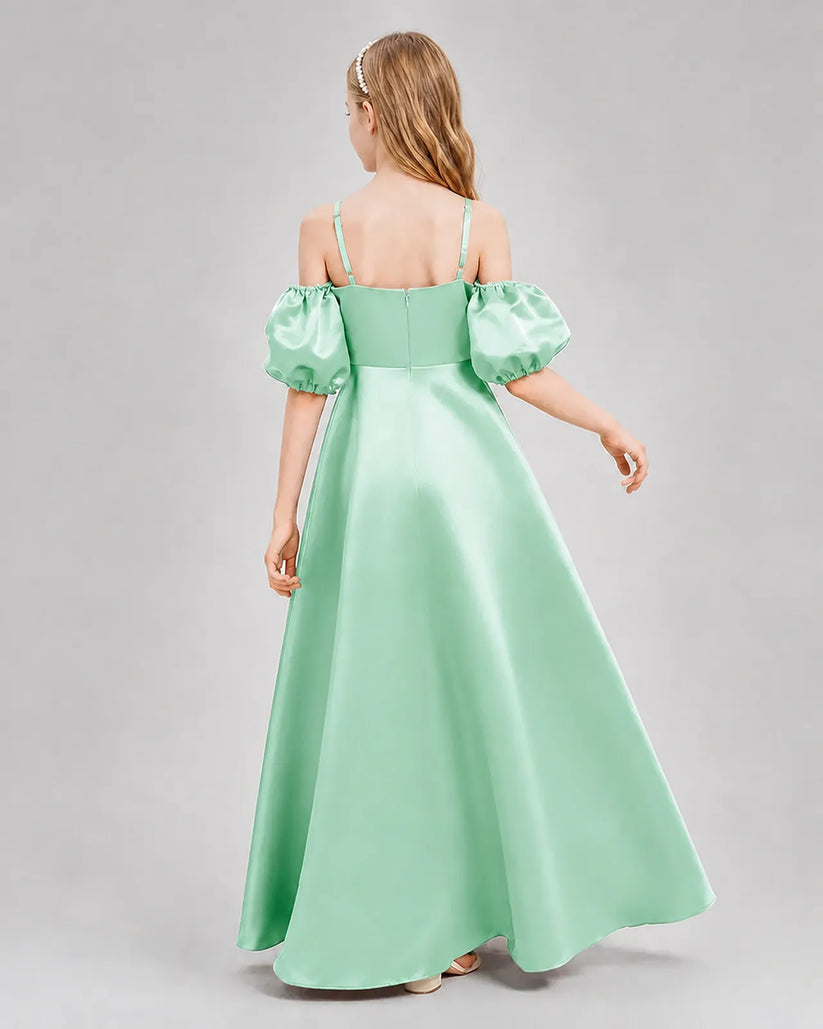 Mint Green Satin A-line Junior Bridesmaid Dress Back View