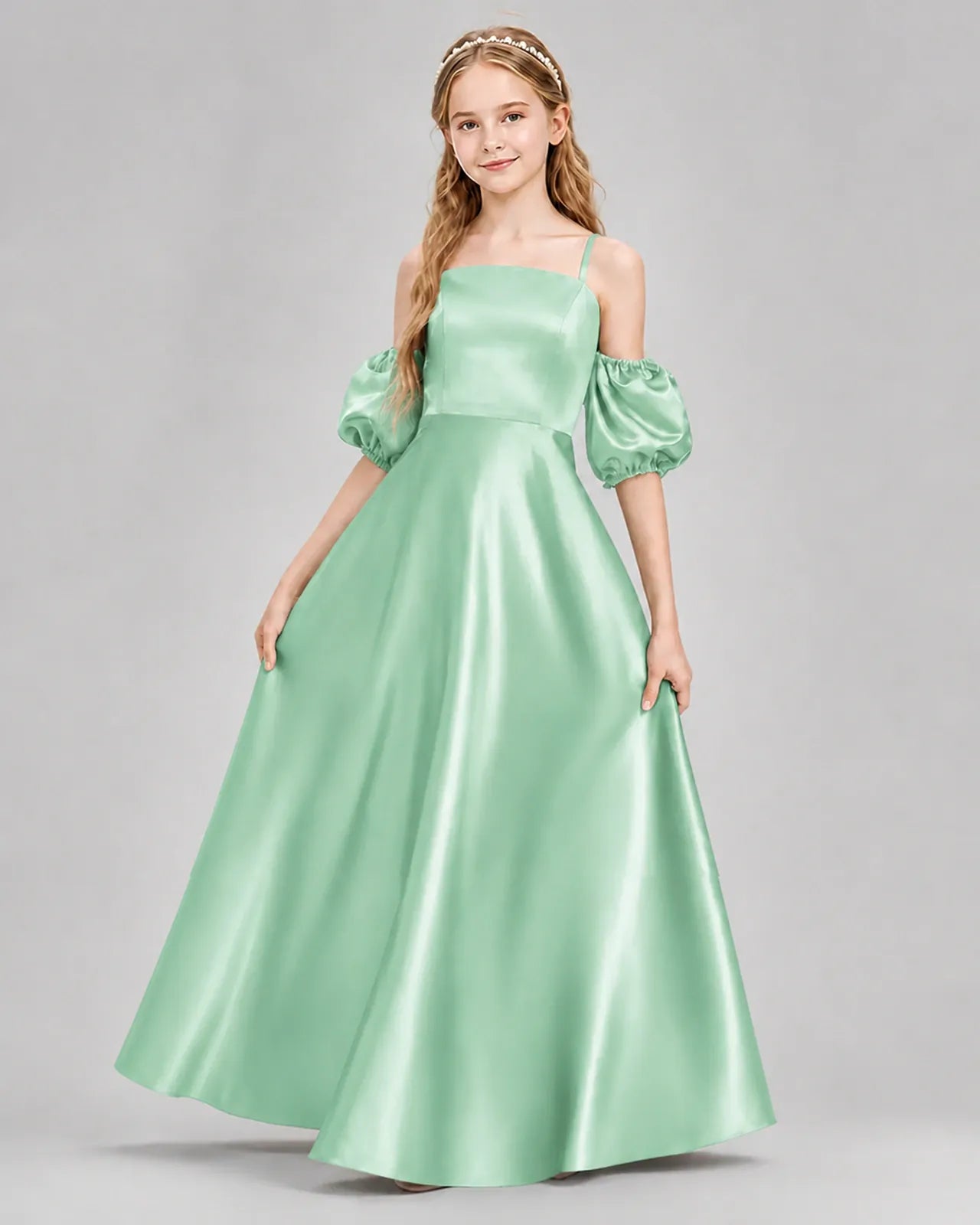 Mint Green Satin A-line Junior Bridesmaid Dress Front View
