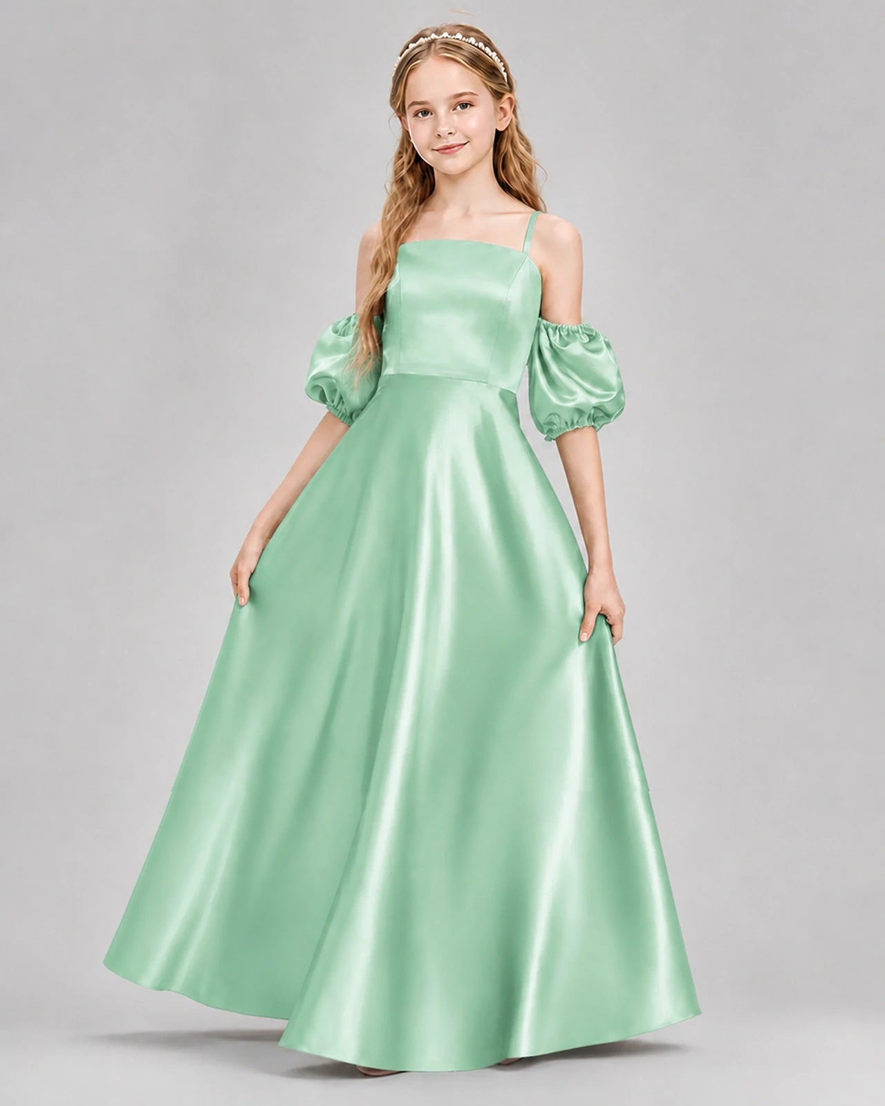 Dideyttawl Junior Bridesmaid Dress with Puff Sleeves and A-Line Satin Skirt