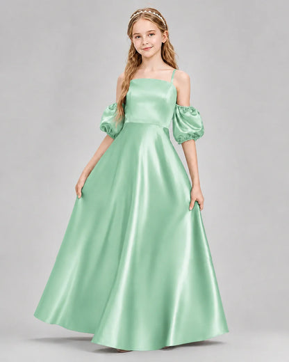 Mint Green Satin A-line Junior Bridesmaid Dress Front View