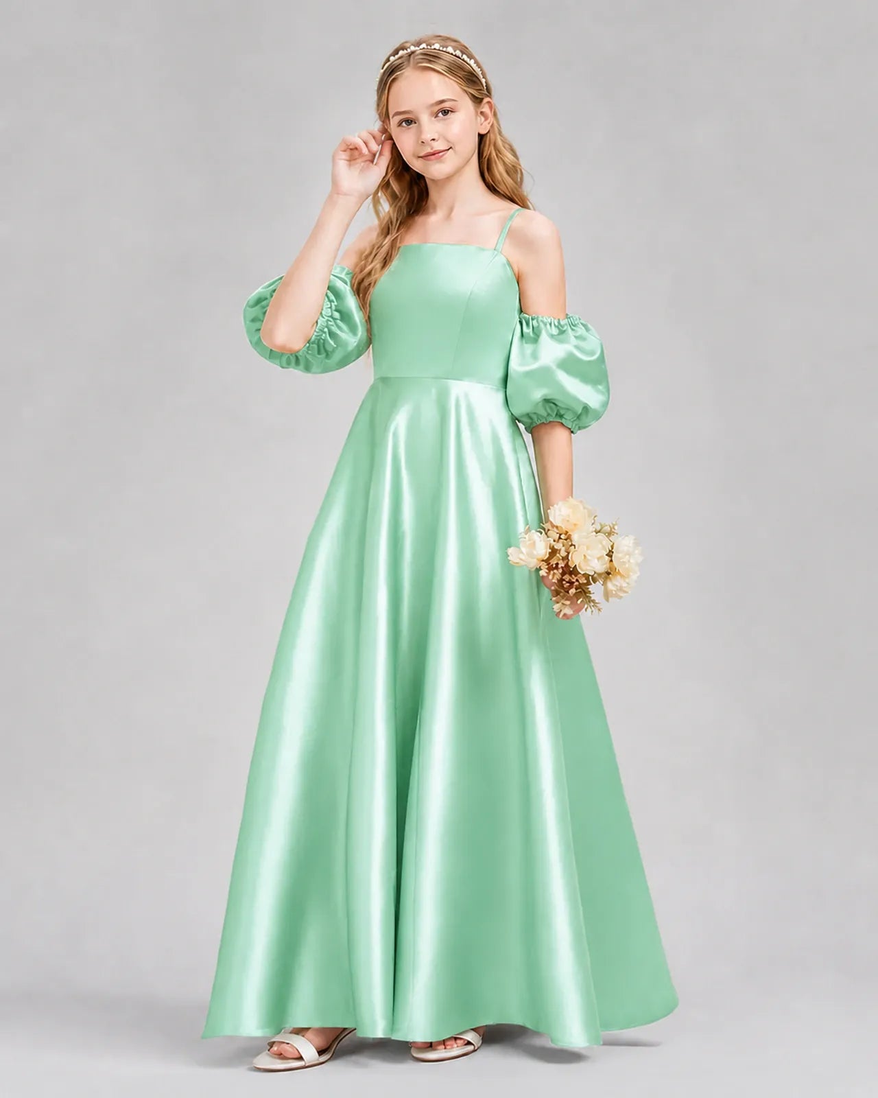 Mint Green Satin A-line Junior Bridesmaid Dress Front View