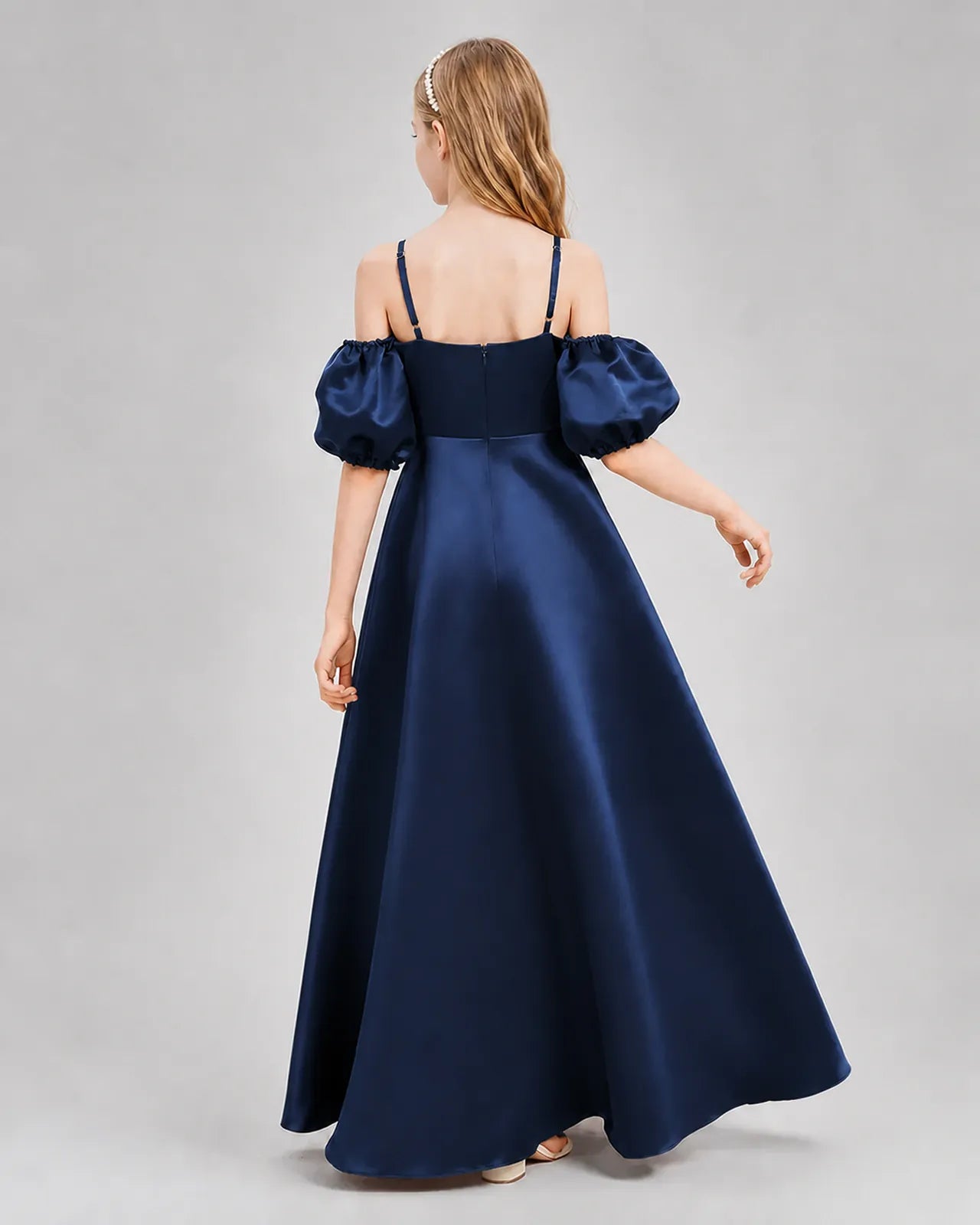 Navy Blue Satin A-line Junior Bridesmaid Dress Back View