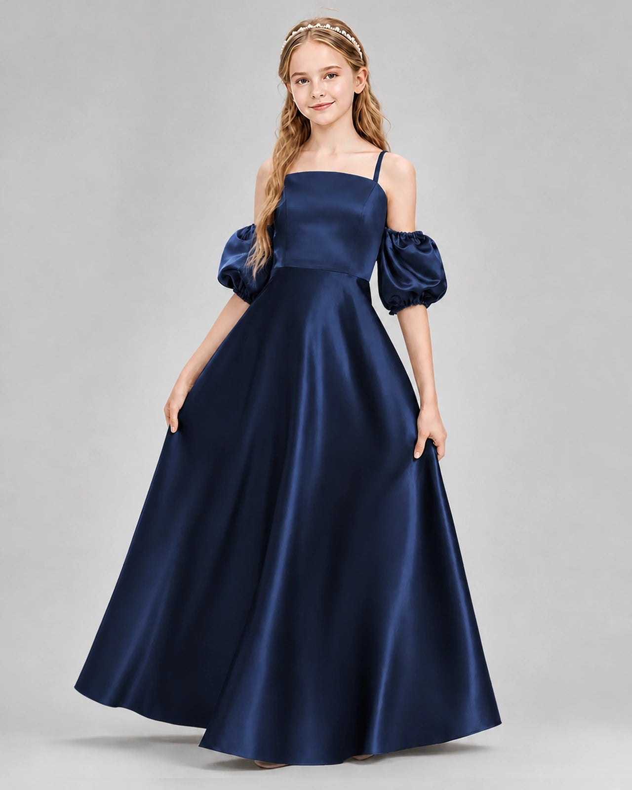 Dideyttawl Junior Bridesmaid Dress with Puff Sleeves and A-Line Satin Skirt