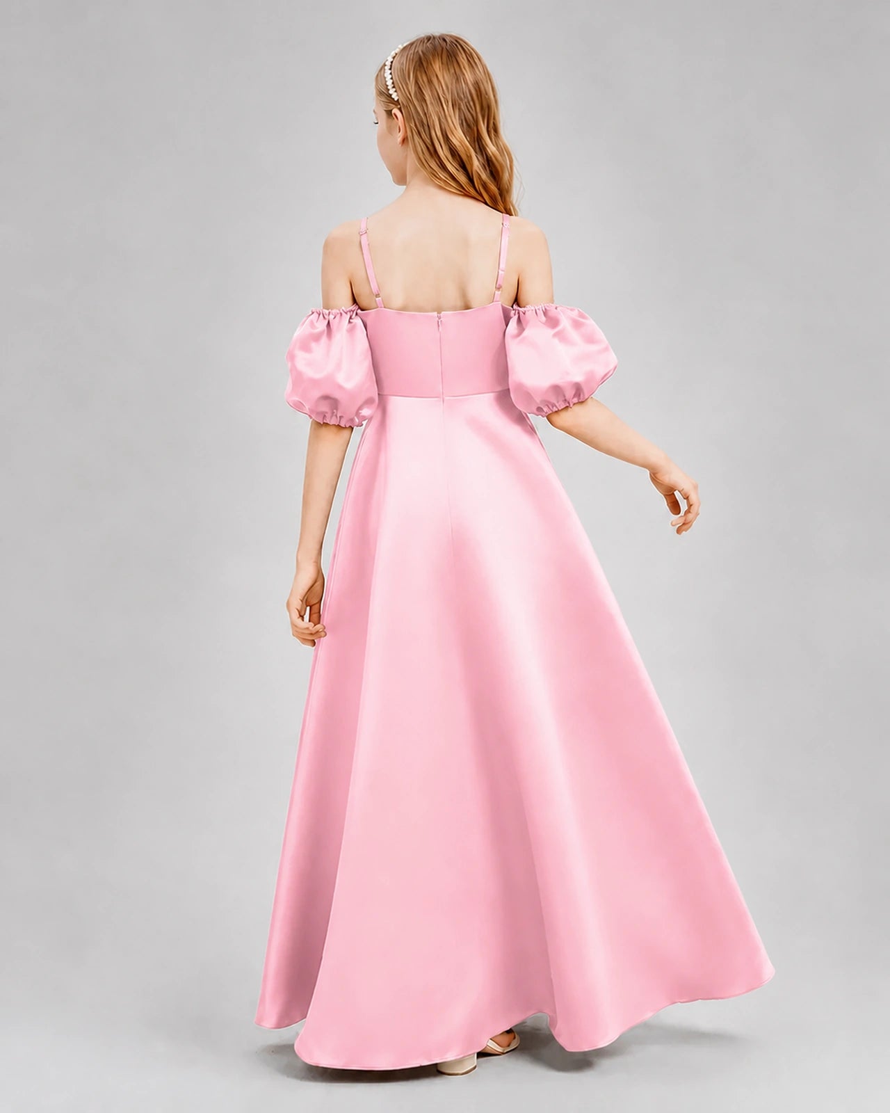 Dideyttawl Junior Bridesmaid Dress with Puff Sleeves and A-Line Satin Skirt