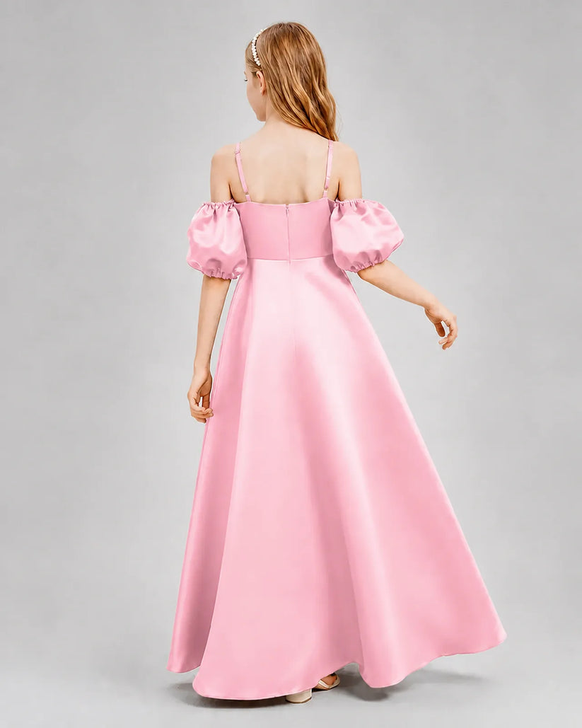 Pink Satin A-line Junior Bridesmaid Dress Back View