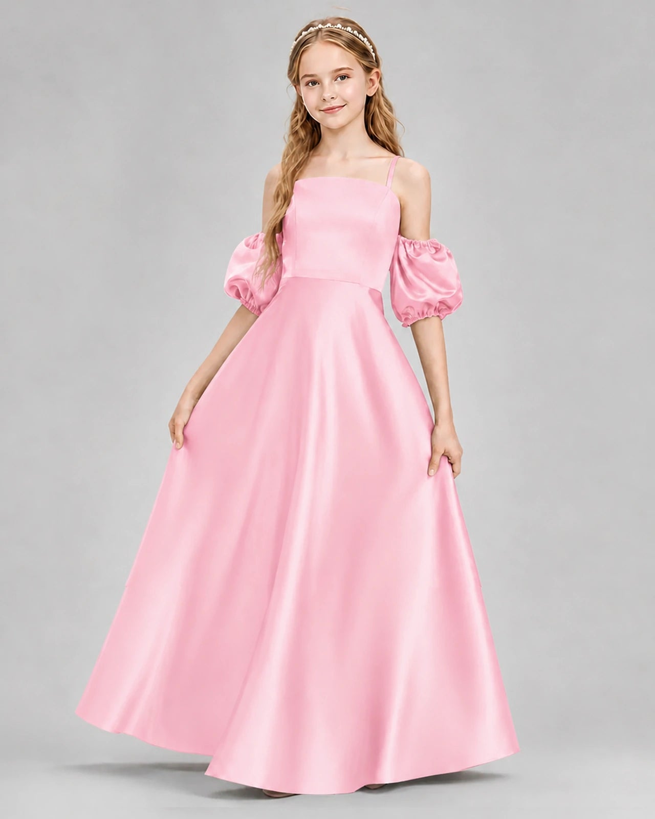 Dideyttawl Junior Bridesmaid Dress with Puff Sleeves and A-Line Satin Skirt
