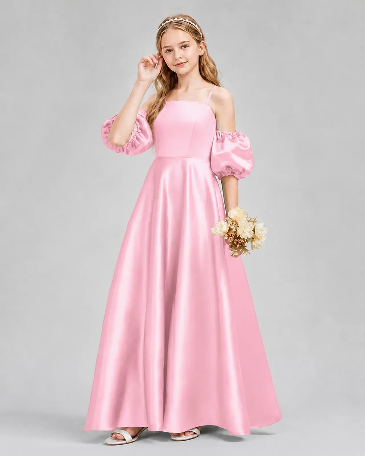 Pink Satin A-line Junior Bridesmaid Dress Front View